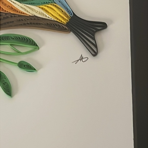 Handmade Quilled Paper Filigree Colorful Bird on Branch Signed Art Work Framed - Picture 3 of 4